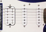 Three magnetic pickups on an electric guitar. From left to right they are a humbucker and two single coils.