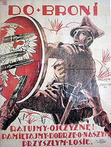 Polish propaganda poster. The text reads: "To arms! Save the fatherland! Remember well our future fate." Polish-Soviet War- 1920 Polish recuritment poster.jpg