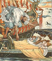 The children of Queen Blondine and of her sister, Princess Brunette, picked up by a Corsair after seven days at sea; illustration by Walter Crane to the fairy tale Princess Belle-Etoile. Princess Belle-Etoile 2 - illustration by Walter Crane - Project Gutenberg eText 18344.jpg