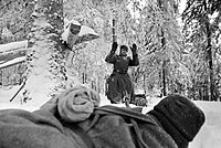 „Fašista se vzdává.“ Němec vychází z lesa s rukama vzhůru. Rusko, Solněčnogorsk, Moskevská oblast, prosinec 1941