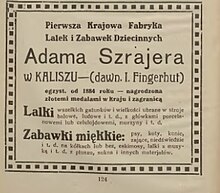 Reklama prasowa Fabryki Lalek i Zabawek Adama Szrajera w przedwojennej prasie