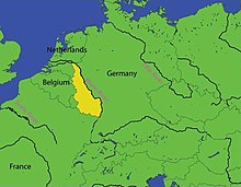 Map of northwest Europe showing France, Germany and the Low Countries. The Yellow area highlights the Rhineland of Germany.