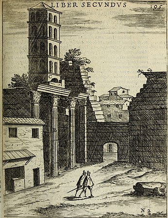 Kyrkans kampanil reser sig över Mars Ultor-templets portik. Illustration från Alessandro Donatis Roma vetus ac recens, utriusque aedificiis ad eruditam cognitionem expositis, publicerad år 1725.