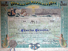 Shellback certificate awarded to Charles Cameron, aboard USS Utah, commemorating his first crossing of the Equator, December 1, 1928. This is typical of certificates awarded in the pre-World War II period. ShellbackCertificate1928.jpg