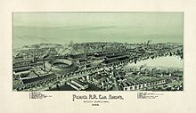 Altoona in 1895: a Pennsylvania Railroad town, a lithograph by Thaddeus Mortimer Fowler Thaddeus M. Fowler - Penn'a R.R. Car Shop's, Altoona, Pennsylvania, 1895.jpg