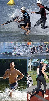 Triathletes competing in the swim component of race. Wetsuits are common but not universal Triathlon swim montage.jpg