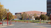 Street in downtown Apple Valley with signature red lamp posts. In the background is the Western Service Center. AV147th.jpg