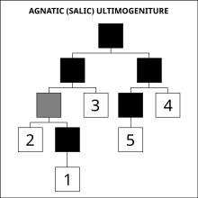 Agnatic ultimogeniture diagram. Legend:
Grey: incumbent
Square: male
Black: deceased Agnatic ultimogeniture diagram.svg