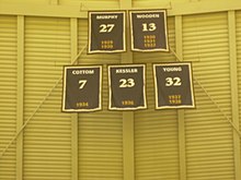 Honored players' banners as displayed at Mackey Arena: Charles "Stretch" Murphy, John Wooden, Norm Cottom, Robert Kessler, and Jewell Young AllAmericans2.jpg