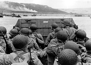 American troops in an LCVP landing craft appro...