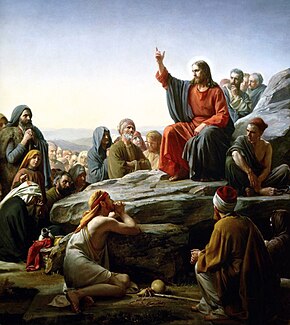 The Sermon on the Mount from the Gospel of Matthew, depicted in this nineteenth-century painting by Carl Bloch, is an example of an instance in which one of the gospel-writers shapes his account in light of Jewish tradition. Although the sermon itself may contain some authentic sayings of the historical Jesus, the context of the sermon is a literary invention to make Jesus seem like a "new Moses". Bloch-SermonOnTheMount.jpg