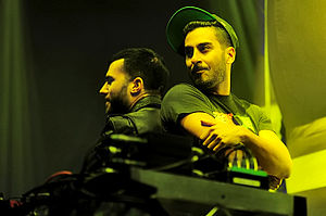 A-Trak (left) and Armand Van Helden (right) performing live as Duck Sauce at Wellington Square in 2011