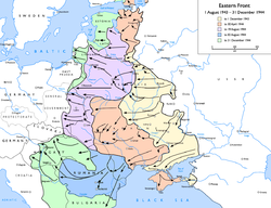 Soviet advances from 1 August 1943 to 31 December 1944:
.mw-parser-output .legend{page-break-inside:avoid;break-inside:avoid-column}.mw-parser-output .legend-color{display:inline-block;min-width:1.25em;height:1.25em;line-height:1.25;margin:1px 0;text-align:center;border:1px solid black;background-color:transparent;color:black}.mw-parser-output .legend-text{}
to 1 December 1943
to 30 April 1944
to 19 August 1944
to 31 December 1944 Eastern Front 1943-08 to 1944-12.png