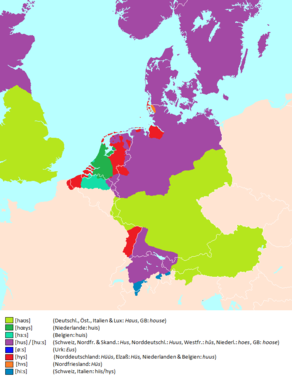 Territoris de les llengües germàniques segons la distribució de la paraula "casa".