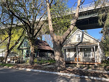 Historic homes with the Maple Street Bridge above