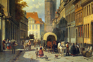 Braunschweiger Trachten in einer Straßenszene der Stadt Braunschweig, Gemäldeausschnitt von Jacques Carabain, 19. Jahrhundert.