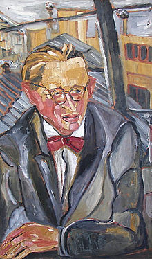 Tableau ; portrait d'un homme avec des lunettes, sur fond de toits