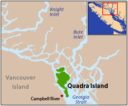 Quadra Island is located at the northern end of the Strait of Georgia.