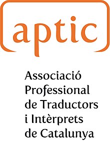 fundo branco com oLogotipo da Associação Profissional de Tradutores e Intérpretes da Catalunha escrito em preto com a sigla (APTIC) em laranja.