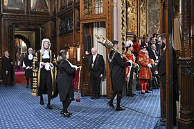 The Lord High Chancellor wearing full ceremonial dress at the 2023 State Opening of Parliament, preceded by his purse-bearer and a serjeant-at-arms. Lord Chancellor's Procession (State Opening 2023).jpg