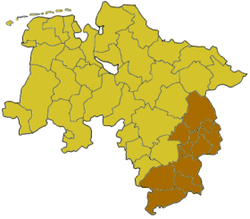 Map of Lower Saxony highlighting the former Regierungsbezirk of Braunschweig