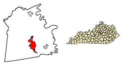 Расположение Харродсбурга в округе Мерсер, Кентукки.