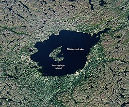 Satellietbeeld van Mistastin Lake met het centraal gelegen eiland Mishta-minishtikᐡ (ook Horseshoe Island genoemd)