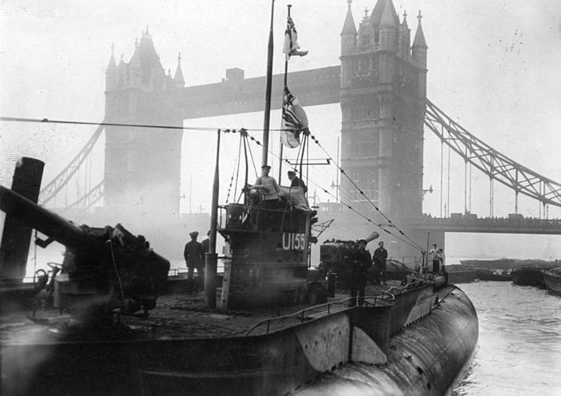 U-155 exhibited near Tower Bridge in London after World War I. 