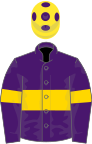 PURPLE, gold hoop on body and sleeves, yellow cap, purple spots