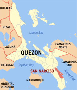 Mapa ng Quezon na nagpapakita sa lokasyon ng San Narciso.