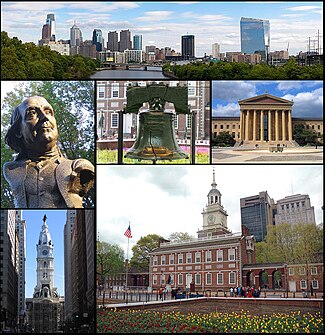 From top left, the Philadelphia skyline, a statue of Benjamin Franklin, the Liberty Bell, the Philadelphia Museum of Art, Philadelphia City Hall, and Independence Hall