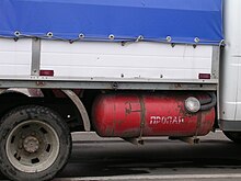 A GAZelle powered by propane. The Russian word "propan" means propane. Propane cylinder on GAZ 3302.jpg