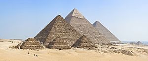 The three main pyramids at Giza, together with subsidiary pyramids and the remains of other ancient structures Pyramids of the Giza Necropolis.jpg