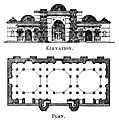 Plan and elevation of mosque: Scale – 50 feet to 1 Inch