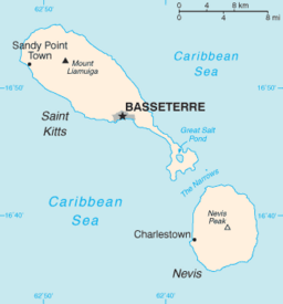 Karta över Saint Kitts och Nevis med Charlestown markerat