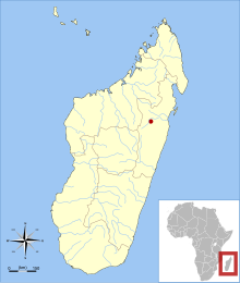 Mapa Madagaskaru u afrického pobřeží, zobrazující jednu červenou tečku mírně severovýchodně od středu ostrova, představující oblast Salanoia durrelli.