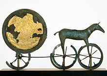 The Trundholm sun chariot pulled by a horse is a sculpture believed to be illustrating an important part of Nordic Bronze Age mythology. Solvognen DO-6865 2000.jpg