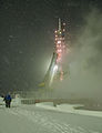 La fusée Soyuz TMA-22 pendant une tempête de neige le matin de son lancement