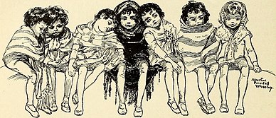 Black and white print of seven children sitting with their legs dangling off an invisible ledge