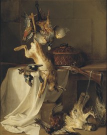 Still Life with a Rifle, Hare and Bird "Fire" (1720), 144 x 116 cm., Nationalmuseum