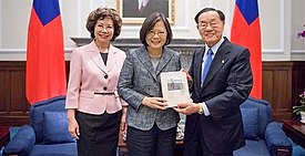 Elaine Chao and her father James S. C. Chao met Taiwanese President Tsai Ing-wen at the Presidential Office in Taipei, Taiwan, in 2016. Taiwanese President Tsai Ing-wen meet with Elaine Chao, who was born in Taiwan, and her father James Si-Cheng Chao who lived in Taiwan for about 10 years.jpg