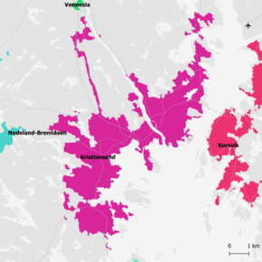Karte der Tettsteder Kristiansand und Korsvik