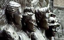 Tribute to the Suffragettes memorial in Christchurch, New Zealand. The figures shown from left to right are Amey Daldy, Kate Sheppard, Ada Wells and Harriet Morison. Tribute to the Suffragettes, close up.jpg