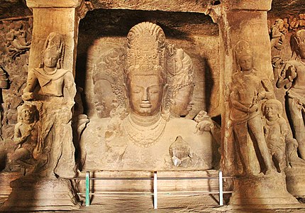 Elephanta Caves, triple-bust (trimurti) of Shiva, 18 feet (5.5 m) tall, c. 550