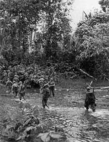 Soldiers wearing helmets wade across a stream
