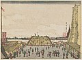 Vue en perspective du pont Ryôgoku (cette estampe sera copiée par Kunisada pour l'une de ses bijin-ga sur fond de vue célèbre d'Edo (江戸名所之内) en 1843.