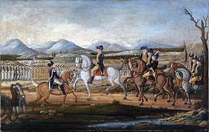 A painting depicting President George Washington and his troops before their march to suppress the Whiskey Rebellion in western Pennsylvania, 1794.