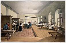 A ward of the hospital at Scutari where Nightingale worked, from an 1856 lithograph by William Simpson