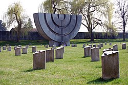 Kamenná menora na židovském hřbitově v Terezíně