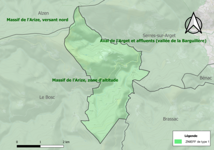 Carte des ZNIEFF de type 1 sur la commune.